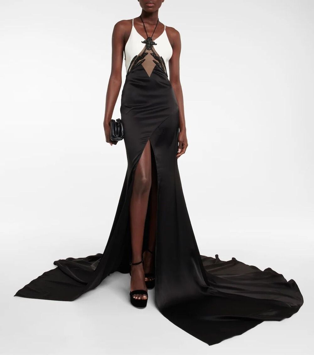 DAVID KOMA Tulle-trimmed Embellished Stretch-cady Gown In White Black Size UK8/U